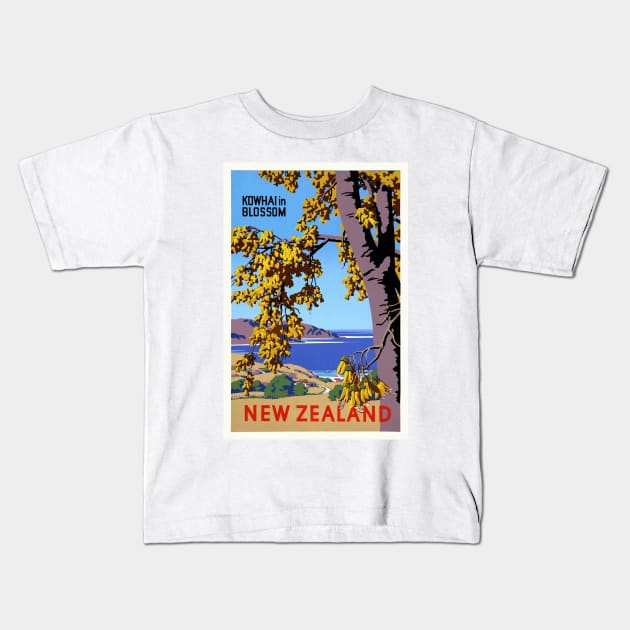 Kowhai in Blossom New Zealand Vintage Poster Kids T-Shirt by vintagetreasure